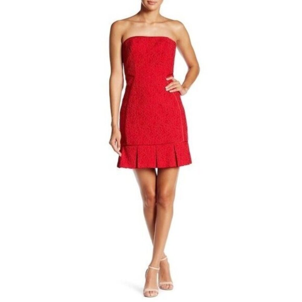Aidan Mattox Dress Strapless Red Lace Mini Cocktail Dress Pleated Hem SZ 8 New